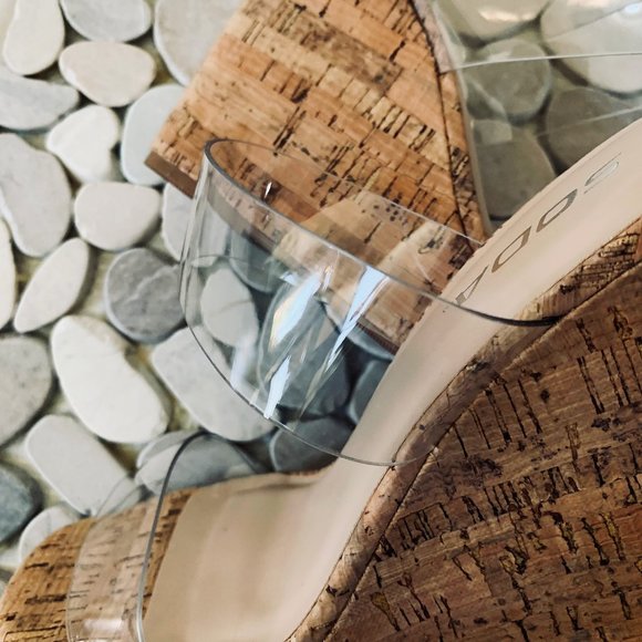 NEW Transparent Clear Dual Strap Cork Platform Wedge Heel Slide Sandals Open Toe - Picture 5 of 7